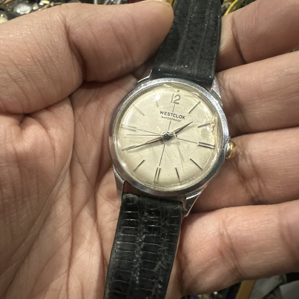 Working Vintage Westclox Waterproof Mens Watch 34mm Manual Wind Silver Tone Runs